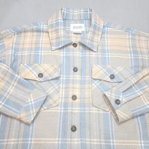 Boston Traders Plaid Shirt Jacket Women's Size‎ L Blue Beige Button Up Shacket